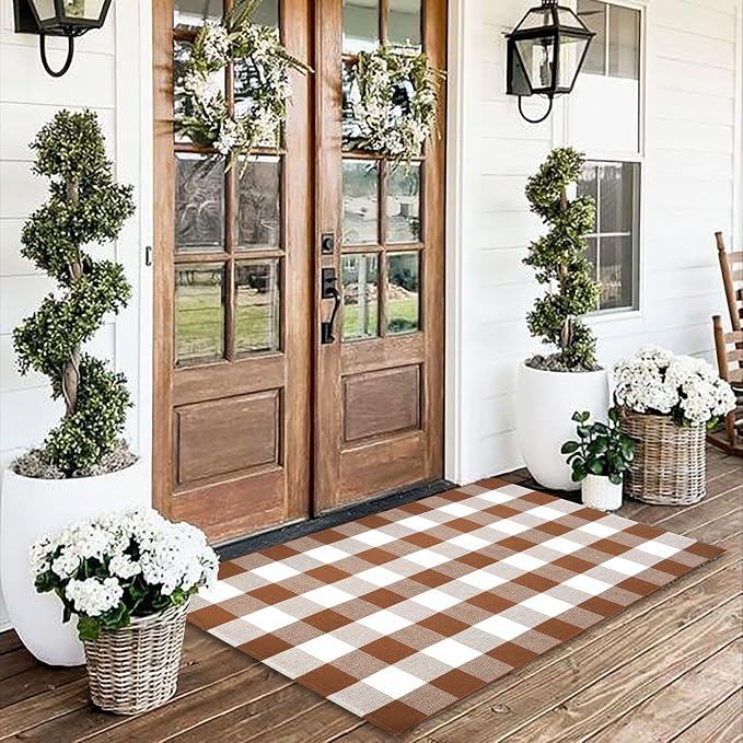 Homydecor Buffalo Plaid Outdoor Rugs, 3'x5' Coffe and White Checkered Area Rug, Layering Rug for Hello/Welcome Door Mat, Washable Cotton Woven Farmhouse Mat for Front Porch Décor