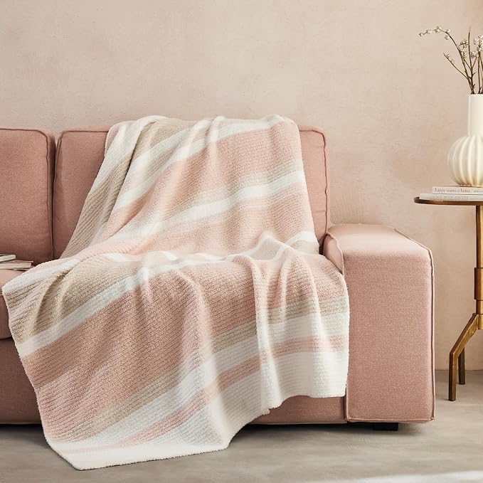 Soft Striped Throw Blanket for Couch, Cozy Warm Knitted Blankets | Lightweight Fuzzy Travel Warm Decor for Women, Mom, Girls, Sofa, Chair, 50x60in, Pink Khaki
