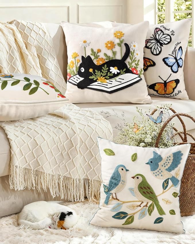 Embroidered Throw Pillow Cover 20x20 Inch - Summer Farmhouse Decorative Pillow Cover with Zipper for Couch Sofa Living Room Cushion Pillowcase, Cat Floral
