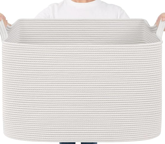 Goodpick 105L Extra Large Woven Rope Blanket Basket, Rectangle, White | 25'' x 16'' x 16'' Storage Basket for Blankets & Clothes, Living Room, Bedroom & Nursery Organization, Reinforced Handles
