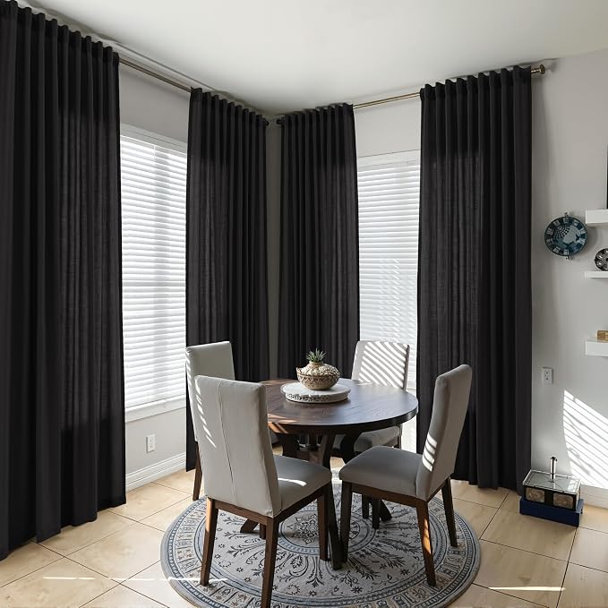 Linen Curtains 84 Inches Long for Living Room Semi Sheer Light Filtering Curtain Back Tab Rod Pocket Neutral Boho Modern Farmhouse Decor Window Drapes for Bedroom 52x84 2 Panels Black