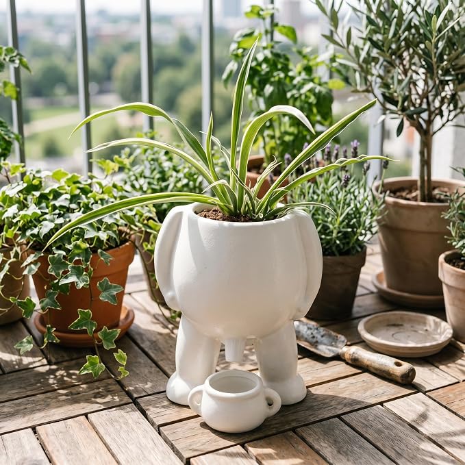 Creative Ceramic Human Shape Planter Funny Penis Planter with Drainage, Stylish Peeing Pot For Indoor/Outdoor Positive Penis Gifts Piss Succulent Plant Pot Gift for Father Friends Family (White)