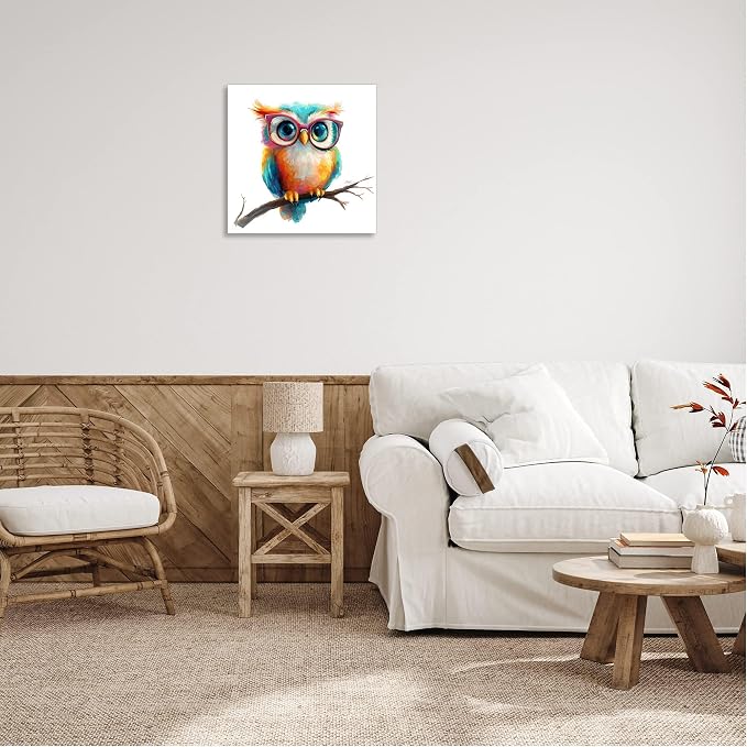 Ypxzzj Cute Owl with Glasses Canvas Wall Art,Colorful Owl Decor Wall Art Pictures Painting Poster Artwork for Children's room Bedroom Living room Decor Framed Ready to Hang