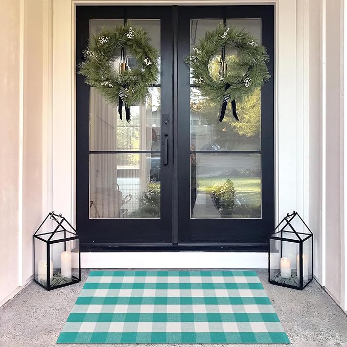 Spring Green & White Plaid Rug - 28 x 43 Inches Outdoor Front Door Decor Mat Cotton Washable Hand-Woven Rug Christmas New Year Holiday Porch Entryway Layered Doormat