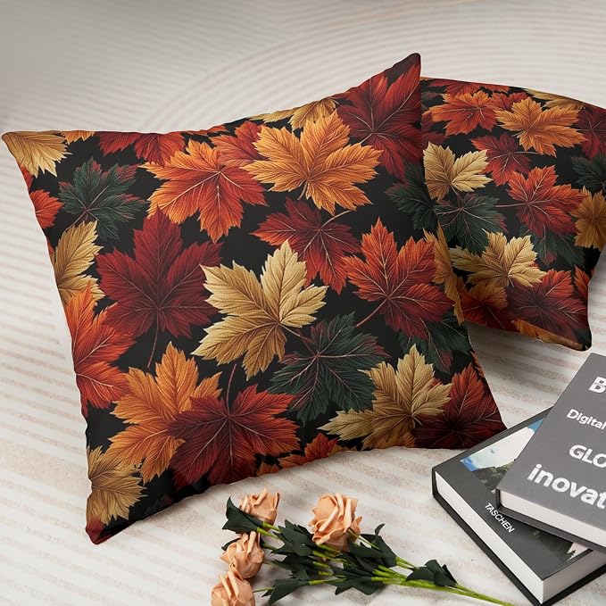 Fall Leaves Pillow Covers Autumn Maple Leaf Throw Pillow Covers 16x16 Set of 2 Harvest Outdoor Pillow Cases Thanksgiving Seasonal Cushion Cases for Home Farmhouse Garden