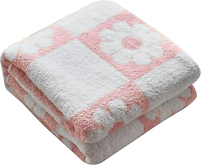 Ultra Soft Cozy Checkered Sunflower Knitted Throw Blanket Fluffy Microfiber Checkerboard Bed Blanket Lightweight Both Sides Throw Blanket for Couch Sofa Bed 50"X60" Pink¡­