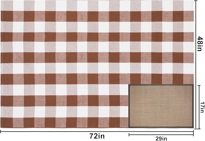 Buffalo Plaid Area Rug 5x7 Ft, Brown White Indoor Outdoor Rug | Cotton Blend, Brown White Checkered, Machine Washable, Layering Rug, Front Porch Entryway