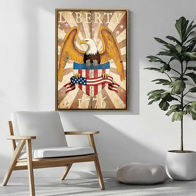 American Flag Framed Canvas Wall Art, 4th of July Patriotic Canvas Prints | USA Flag with Bald Eagle Poster Print, Vintage Independence Day Wall Decor for Bedroom Living Room 11×14in