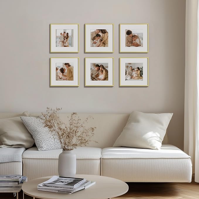 eletecpro Aluminum Gallery Wall Frame Set of 6 with Glass Cover, Gold | 12 x 12 Metal Photo Frames Display 8x8 Photo with Mat or 12x12 without Mat, Picture Frame Collage Wall Decor
