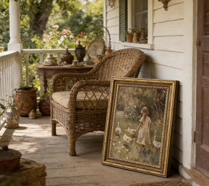 Vintage Gold Framed Canvas Wall Art Rural Goose Girl Painting Picture Cottagecore Print Poster Country Farmhouse Nature Wall Decor for Bedroom Bathroom Living Room Decoration 9x11in