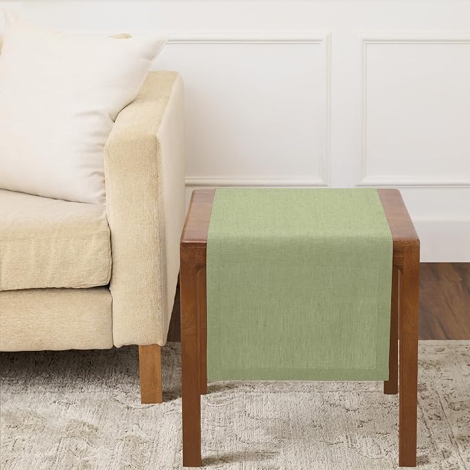 Solino Home 100% Pure Linen Table Runner Olive Woven, Athena 14 x 36 in | brings a tailored look to family meals and hosting, European flax fibres, low iron finish, Chambray Olive, OEKO-TEX Certified