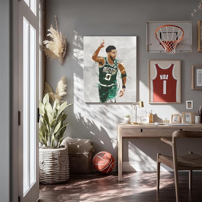 Jayson Tatum Basketball Canvas Wall Art, Sports Player Poster, 8x10 Inch | Abstract splash ink athletic artwork, motivational sports wall decor for teen boys room, bedroom, living room, gym or office