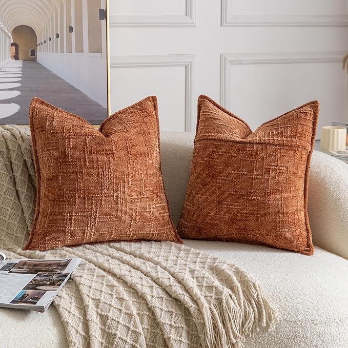 MADIZZ Pack of 2 Chenille Throw Pillow Covers 18x18 Inch Rust Soft Neutral Decorative Throw Pillows for Couch Sofa Boho Accent Cushion Covers Modern Farmhouse Home Decor for Bedroom Living Room