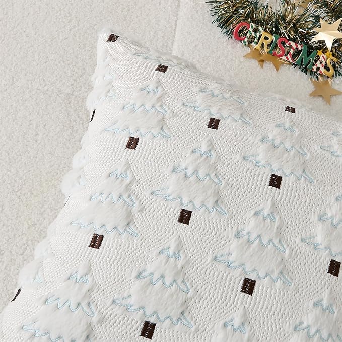 Kevin Textile Christmas Tree Pillow Covers 16x16 Inch Set of 2 Soft Plush Faux Fur with White Snow Embroidery Decoration Pillowcases for Couch Sofa Holiday Festivals Winter Xmas Gift, White Cream
