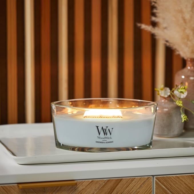 WoodWick Sagewood & Seagrass Gifts for Women and Men, Ellipse Candle with Crackling Wick, 16oz (Pack of 2)