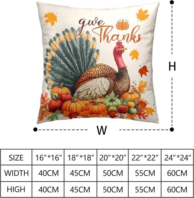 Set of 2 Thanksgiving Throw Pillow Covers 18x18 Turkey with Autumn Pumpkin Pillow Covers Fall Harvest Pillow Case Square Cushion Case for Living Room Couch