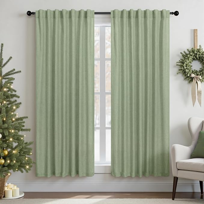 Light Sage Curtains 63 Inch Length for Boys Bedroom 2 Panel Back Tab Pocket Semi Sheer Light Filtering Cotton Textured Soft Sage Green Linen Curtain for Kitchen Living Room Kids Dining Farmhouse 52x63