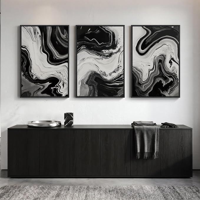 Large Framed Black and White Modern Abstract Wall Art Set of 3, 24x36 In | Big Paintings, Modern Artwork, Canvas Prints, Wood Frames, Minimalist Pictures, Living Room Bedroom Hallway Office Wall Decor