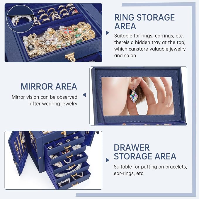AKOZLIN 6-Tier Jewelry Box Organizer Functional 5 Drawers Leather Jewelry Storage Case for Women Girls Ring Necklace Earring Bracelet Holder Organizer with Mirror Medium Blue