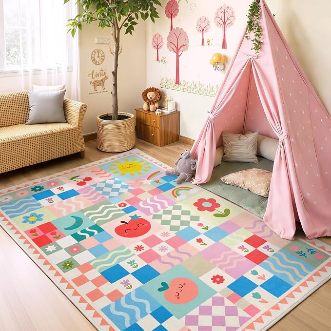Washable Pink Area Rugs for Bedroom Girls, 4x6 Soft Checkered Playroom Carpet with Cute Sun & Rainbow Fruit Design, Non-Slip Decorative Floor Mat