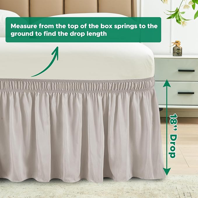 Wrap Around Queen Size Bed Skirt 18" Drop-Elastic Dust Ruffle Camel Grey | Adjustable Pleated Bedskirt-Easy Fit Wrinkle Resistant Washable Hotel Quality Fabric Bed Skirting-Master Guest Bedroom Rental