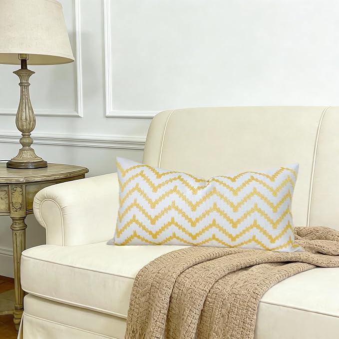 Slow Cow Linen Embroidery Rectangular Pillow Cover Pillowcase Decorative Lumbar Throw Pillow Cover for Couch Sofa 12 x 24 Inches Yellow Gold