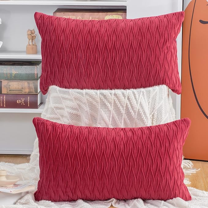 MADIZZ Set of 2 Super Soft Velvet Decorative Throw Pillow Covers 12x20 inch Red Rectangular with Texture Luxury Style Cushion Case Pillow Shell for Sofa Bedroom