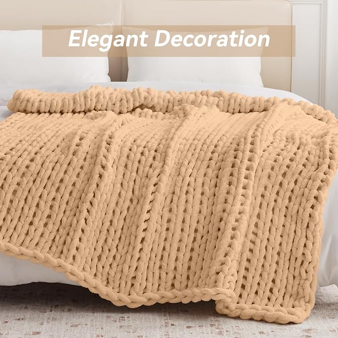 Negwoo Chunky Knit Throw Blanket, Knitted Throw Chenille Yarn, 60"*80" | Soft Thick Cable Knitted Blankets, Handmade Big Thick Blanket, Machine Washable Cute Comfy Blanket for Home Decor, Beige