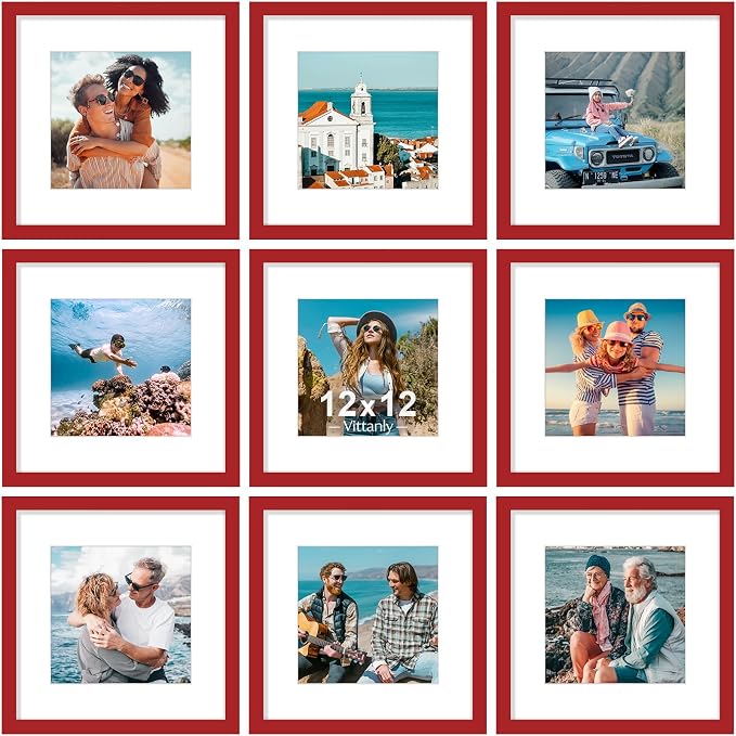 Vittanly 12x12 Picture Frames Set of 9 for Wall Mounting, Red | Display Pictures 8x8 with Mat or 12x12 without Mat for Wall Mounting, Square Photo Frames for Home Decor, Engineered Wood