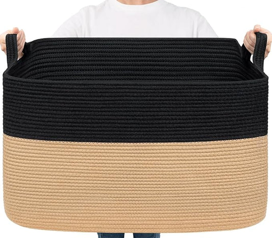 Goodpick 85L Large Woven Rope Blanket Basket, Rectangle, Black & Camel | 23.6'' x 15.7'' x 13.8'' Wicker Storage Basket for Blankets, Pillows & Toys, Home Organization & Decor, Reinforced Handles