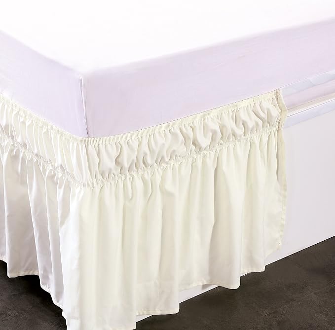 MEILA Wrap Around Elastic Bed Skirt for Twin & Full Beds, 16" Drop, Ivory | Three-Side Adjustable Elastic Dust Ruffle, Ruffled Polyester Fabric, Easy to Install, Fade Resistant & Machine Washable