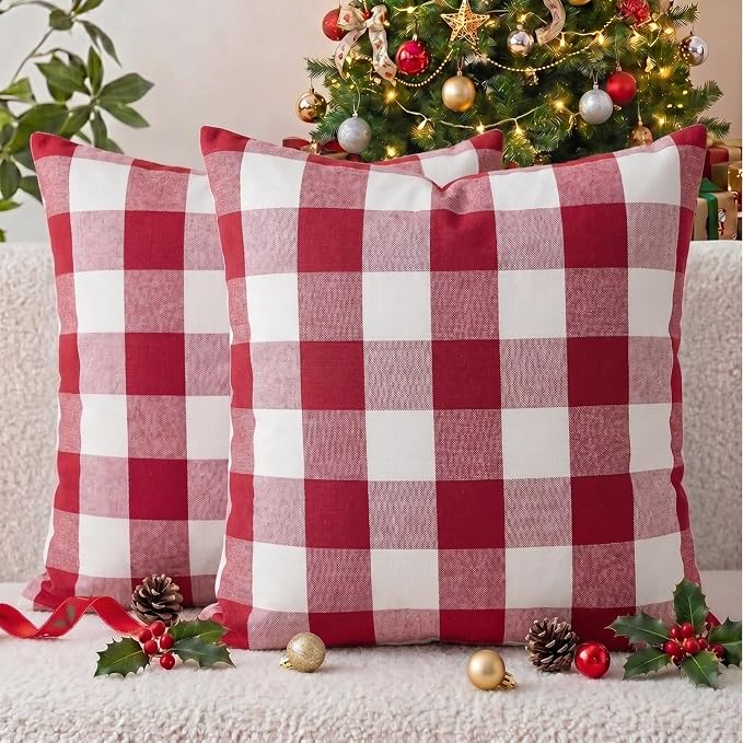 Red and White Buffalo Check Plaid Outdoor Throw Pillow Cover 18x18 Set of 2 | Soft Red Couch Pillow Covers 18 x 18, Red and White Buffalo Plaid Christmas Pillow Covers Set of 2, Outdoor Porch Pillows