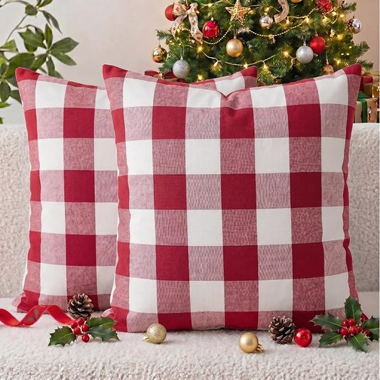Red and White Buffalo Check Plaid Outdoor Throw Pillow Cover 18x18 Set of 2 | Soft Red Couch Pillow Covers 18 x 18, Red and White Buffalo Plaid Christmas Pillow Covers Set of 2, Outdoor Porch Pillows