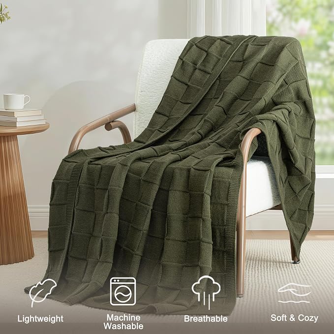 Whale Flotilla Checkered Knit Throw Blanket for Couch, Olive | Soft Decorative Knitted Blankets for Couch Sofa Bed, Lightweight Cozy Throws for Spring Summer, 60x80 Inch