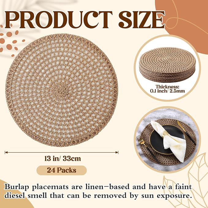 24 Pcs 13 Inch Round Burlap Placemat Boho Jute Woven Charger Bulk Rustic Vintage Natural Brown Heat Resistant Dining Table Mat for Wedding Farmhouse Craft Home Kitchen Summer Party (Classic)