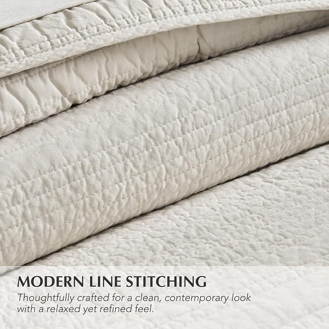 EVERGRACEHOME 100% Cotton Quilt Set Oversized Cal King, Birch | Pre-Washed Soft Cotton, Striped Coverlet Bedspread, 3 Piece Lightweight Bedding Set for All Season, with 2 Pillow Shams