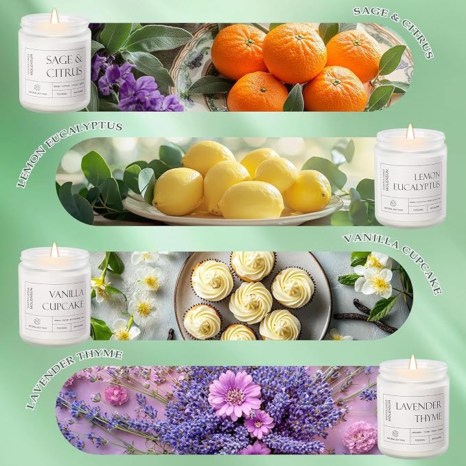 Molensun 4 Pack Candles for Home Scented, 28 oz Long Lasting Candles, Soy Candle Set Gift for Women - Scents of Lemon Eucalyptus/Vanilla Cupcake/Sage &Citrus/Lavender Thyme