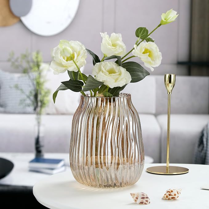 Large Amber Glass Vase for Home Decor Ribbed Tall Gold Floor Vase 8.0" Decorative Vases for Table Centerpieces Flowers Decor and Farmhouse(Brown 8.0in)