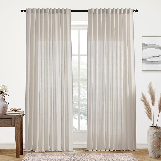 XTMYI Oatmeal Country Curtains for Living Room,Sheer Linen Shabby Chic Curtains for Bedroom 70 Inches Wide 9 Inches Long