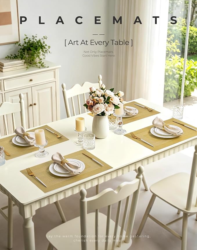 Leetaltree Gold Frame Placemats Set of 24 - Heat Resistant Non-Slip Place Mats for Dining Table, Washable Durable PVC Vinyl Woven Table Mats（Gold Frame, 24）