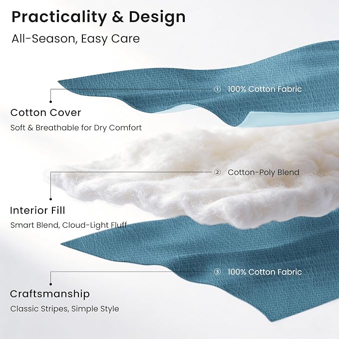 Love's cabin King Size Cotton Quilt Set, 100% Cotton Fabric Striped Textured Coverlet with Crinkled Look, Lightweight Quilted Bedspread for All Season, Includes 2 Pillow Shams, Misty Blue