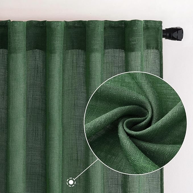 MIULEE Emerald Green Linen Curtains 52x108 Inch for Bedroom Living Room | Soft Thick Linen Textured Window Drapes, Semi Sheer Light Filtering, Back Tab Rod Pocket, Christmas Decor, 2 Panels