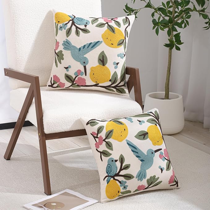 Lemon Embroidered Throw Pillow Covers 18x18 Pack of 2 Blue Birds with Green Leaves Pillow Covers Floral Pillowcases Boho Pillow Cushion Cases Flower Pillow Case Summer Decor