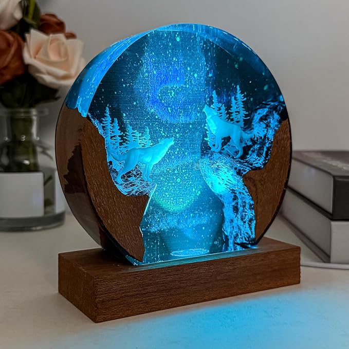 Handmade Resin 3D Wolf Resin Lamp with Wooden Base
