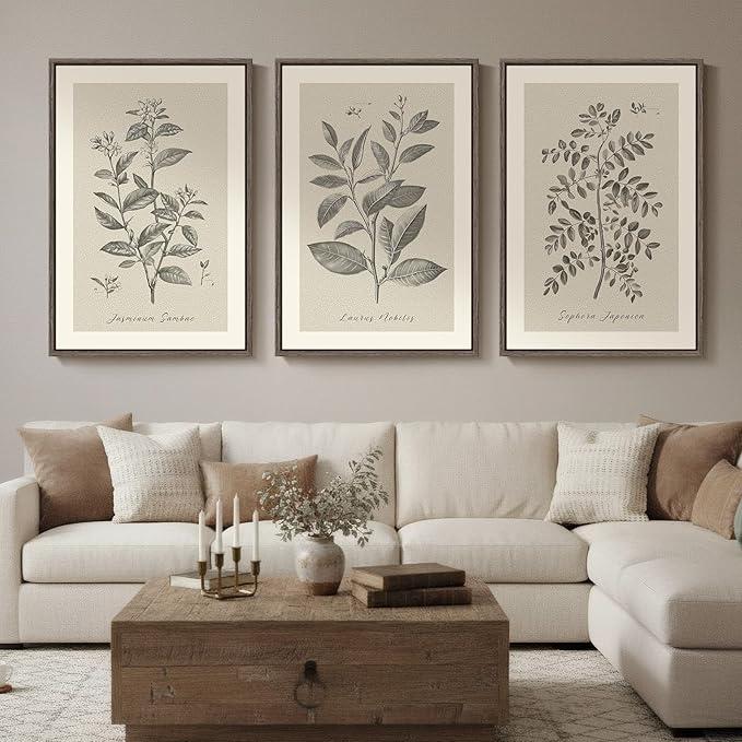 Large Framed 3 Piece Vintage Botanical Wall Art for Living Room, 24x36 In | Rustic neutral plant pictures, Wood frame, Canvas prints, Farmhouse wall decor, Bedroom kitchen hallway dining room artwork