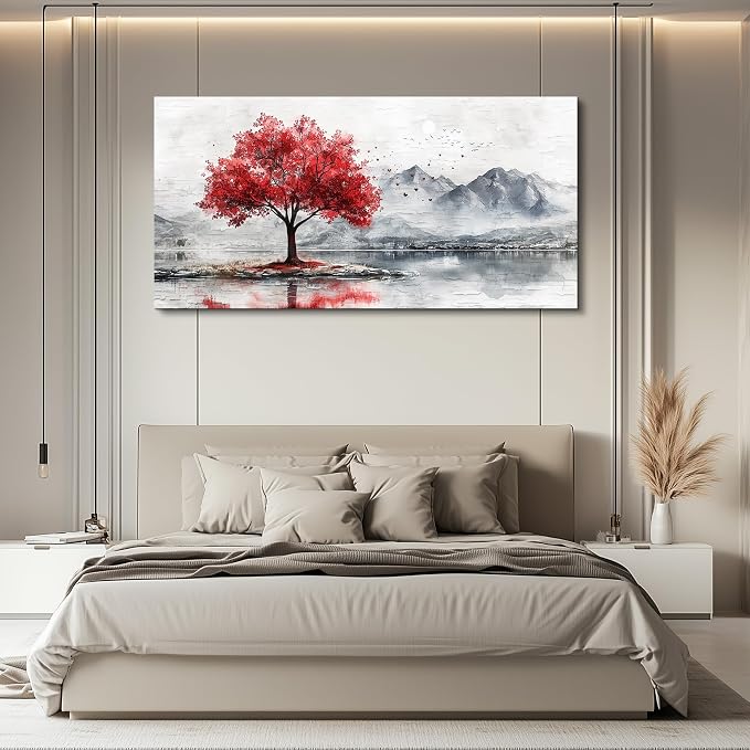 QIYILEXWART Canvas Wall Art For Living Room Large Wall Decor For Office Bedroom Decorations Red Tree Landscape Pictures Farmhouse Painting Artwork Room Wall Mural Aesthetic Home Decor 30x60 In