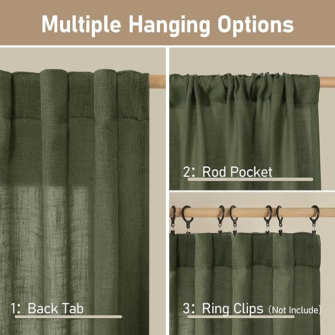 Olive Green Linen Curtains 80 inch Length 2 Panels for Bedroom | Light Filtering, Semi Sheer, Rod Pocket Back Tab, Neutral Drapes for Doorway, Living Room, Window Treatment, 34 x 80 Inch