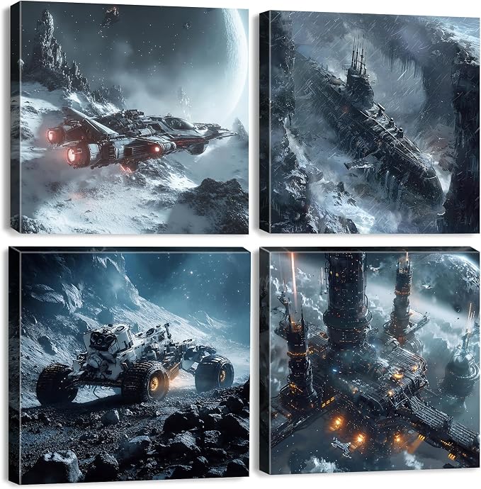 4Pcs Outer Space Room Decor for Boys Alien Planet Astronaut Wall Decor Galaxy Picture Marvel Room Canvas Painting Cosmic Poster Science Fiction Artwork Living Room Modern Home Decoration 16x16"