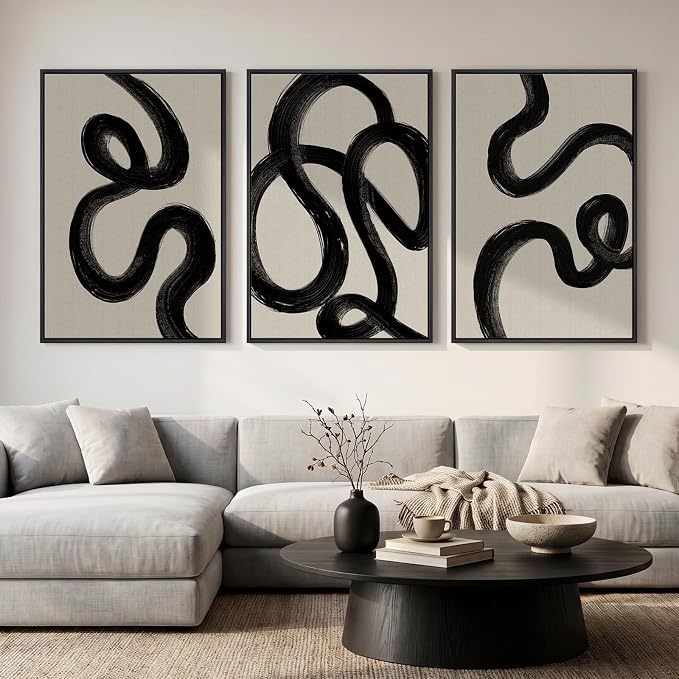 Large Framed Black and White Abstract Wall Art for Living Room, 24x36 In | 3 Piece Neutral Paintings, Canvas Prints, Modern Artwork, Minimalist Pictures, Bedroom Dining Room Hallway Office Wall Decor