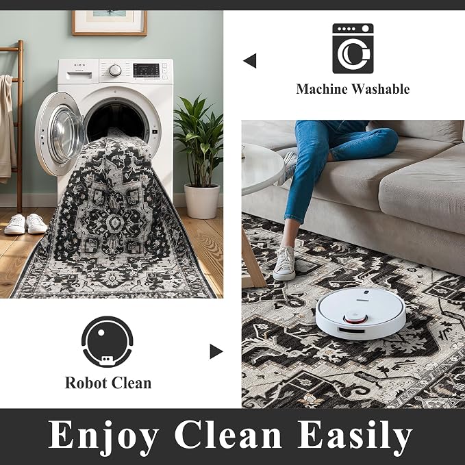 Non-Slip Washable 3x4 Entryway Rug - Boho Low Pile Throw Rugs for Kitchen Entrance Bedroom Soft Thin Area Rugs for Hallway Front Door Bathroom Vintage Distressed Home Decor (Black/Beige/Grey,3x4)
